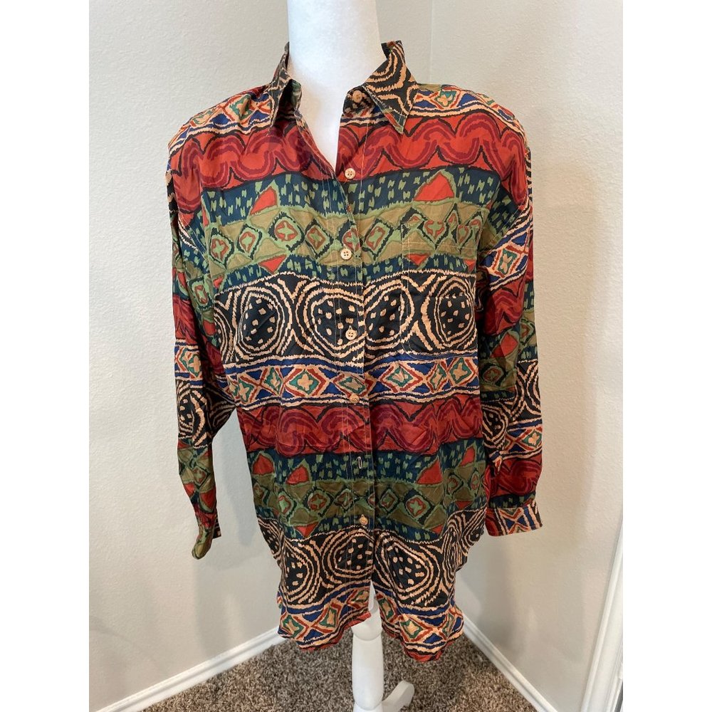 Details Express VINTAGE Multi Color/Pattern Silk Button Down Blouse